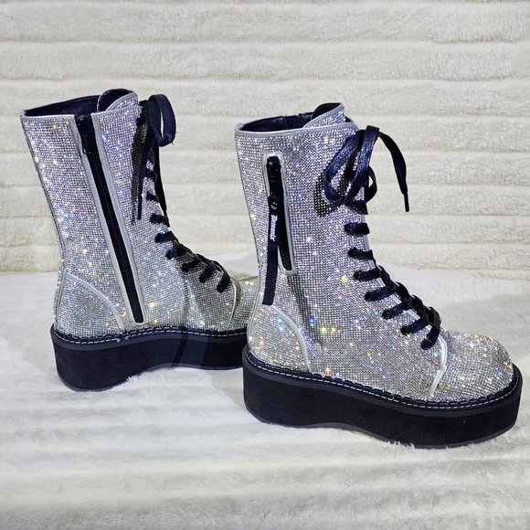 Demonia Shoes - Super Sparkle Iridescent Rhinestone Platform Combat Mid Calf Boots 362 Emily